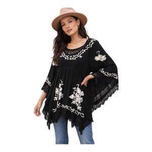 Moltoreno Black Cream Embroidered Boho Tunic Top Crochet Lace Trim L